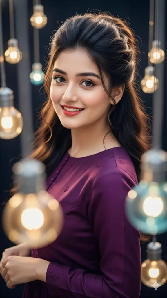 Girl portrait image with electric bulb spotlight