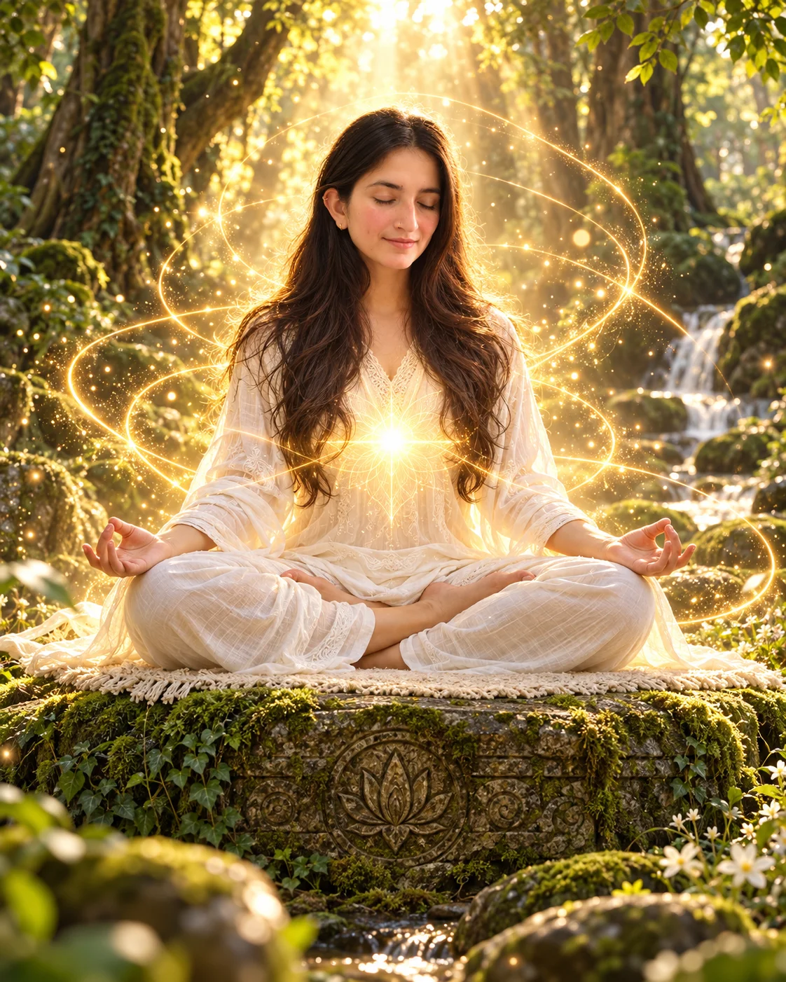 Woman Meditating in Forest with Golden Aura image prompt