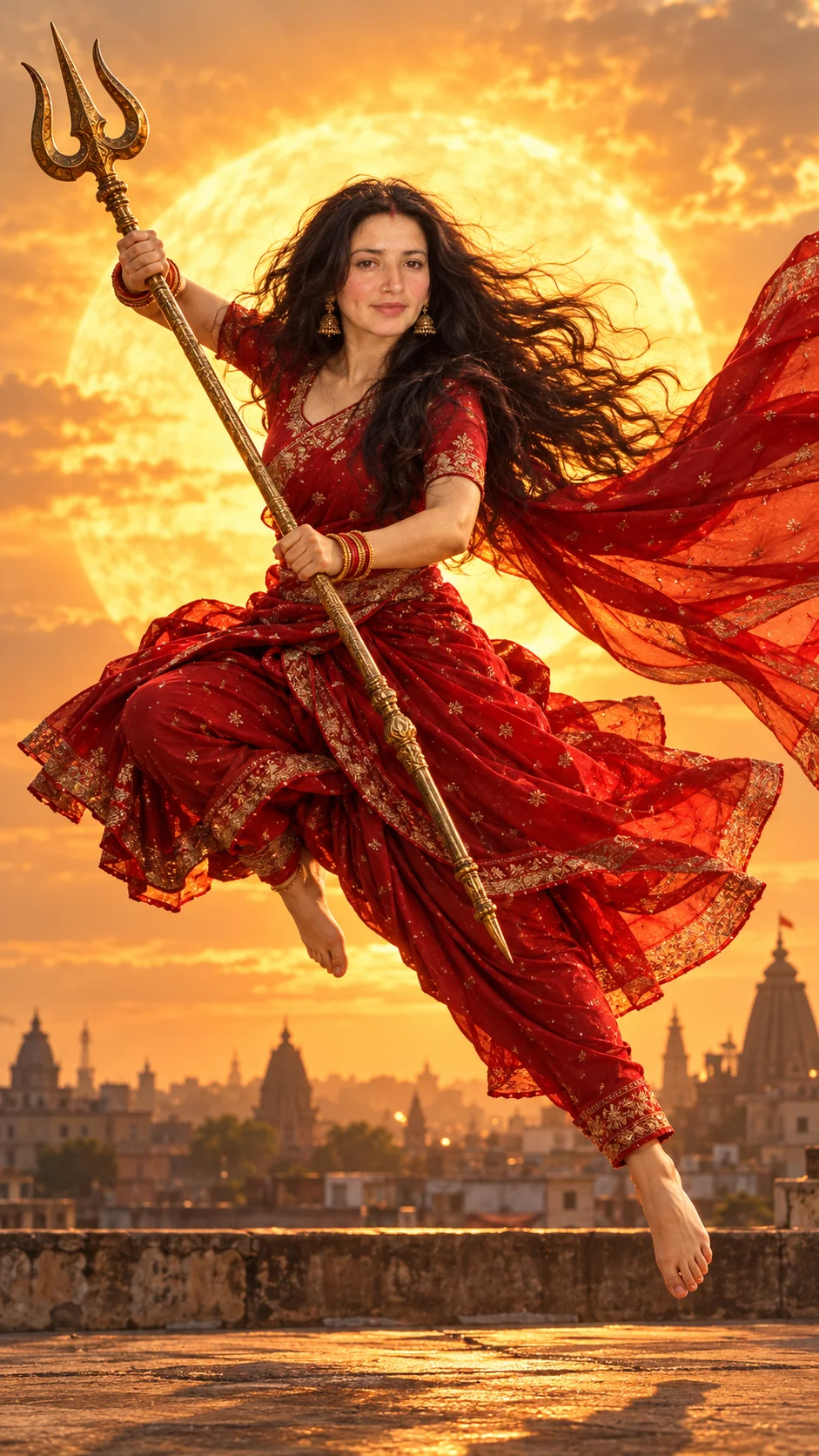 Flying Red Saree & Trishul AI Photo Prompt  For Girl