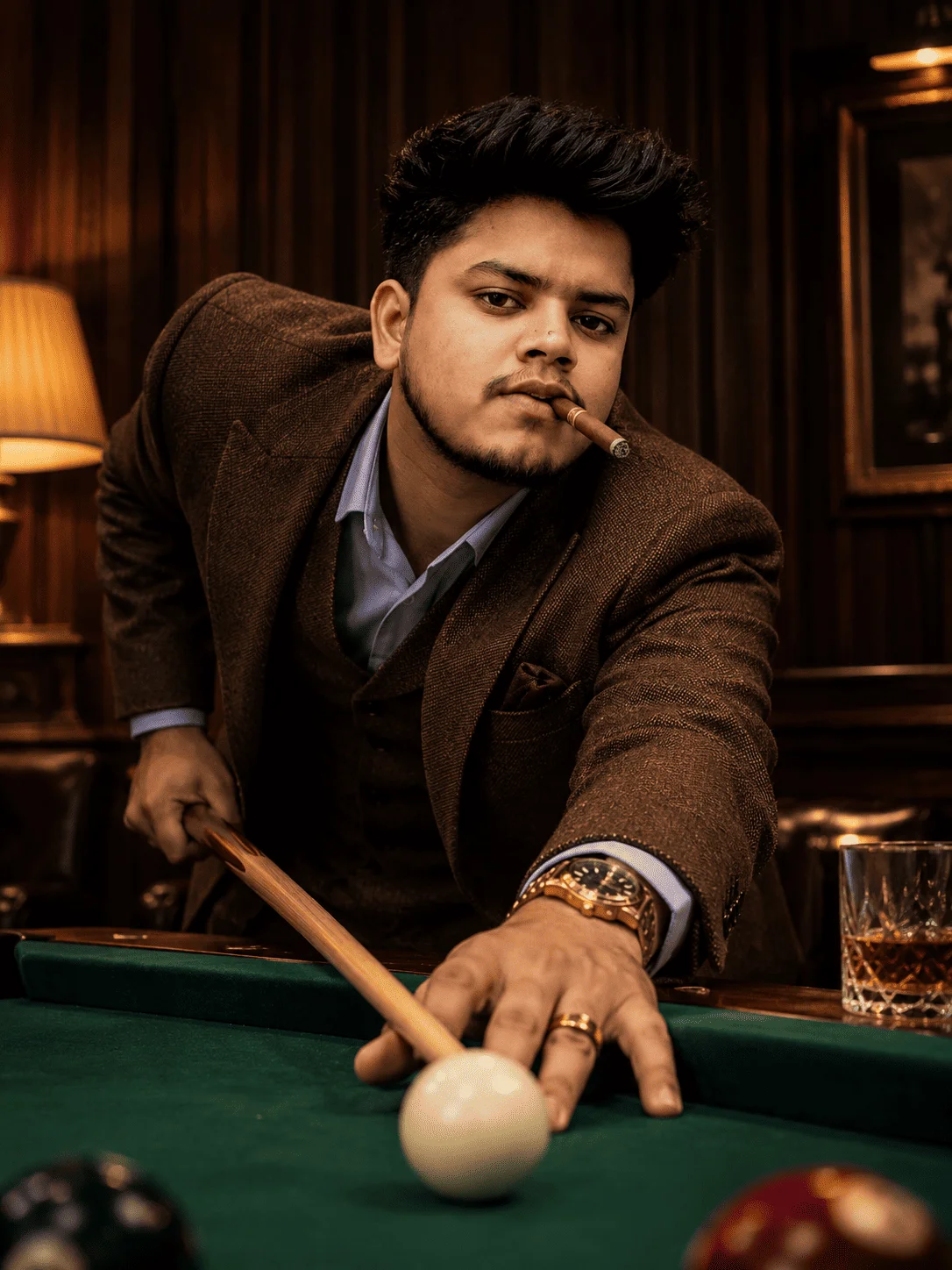 Pool Table Mafia Look AI Photo Editing Boy Prompt – Cinematic Boss Style