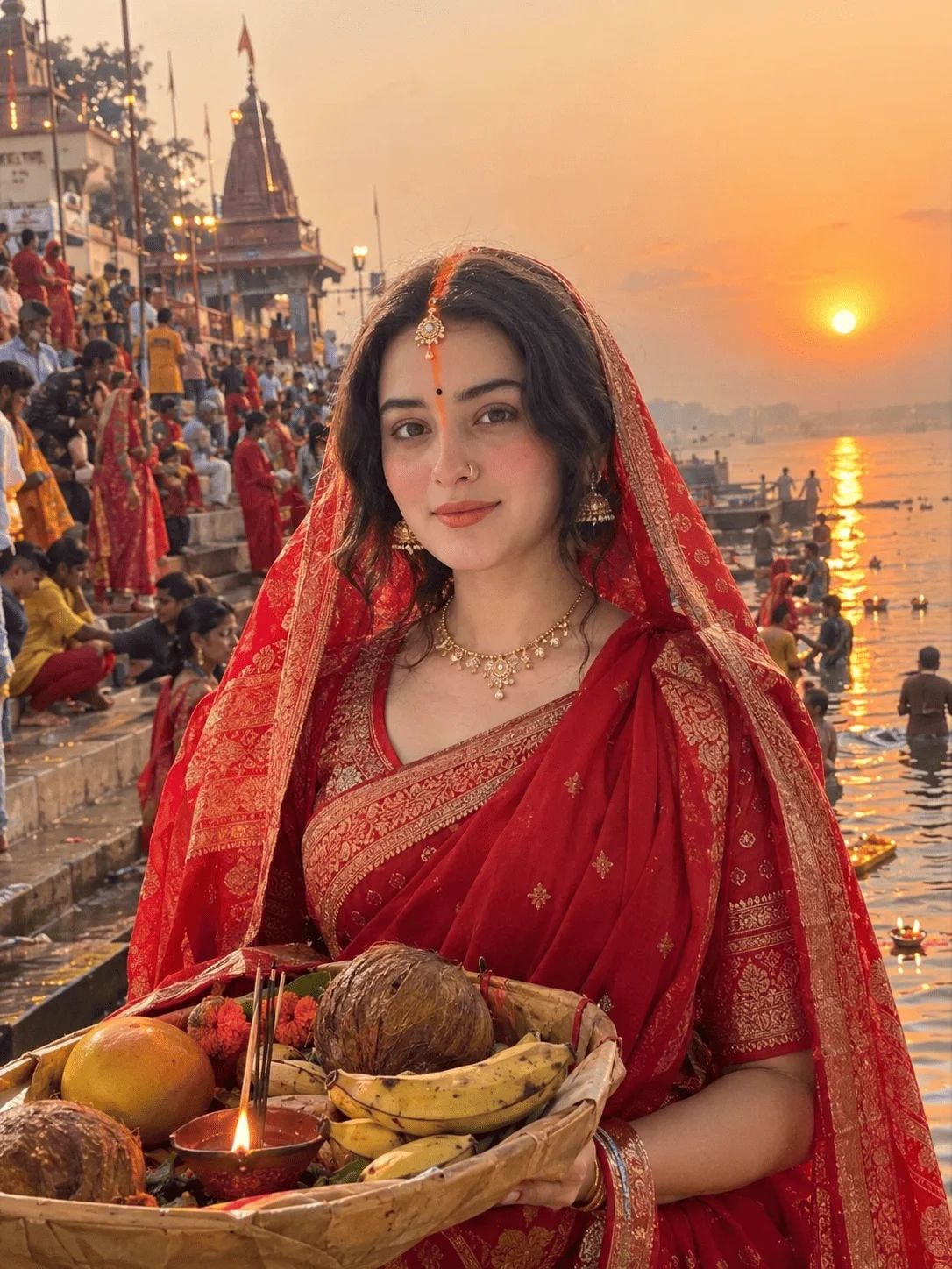 Chhath Puja AI Photo Editing Girl Prompt – Traditional Red Saree Look