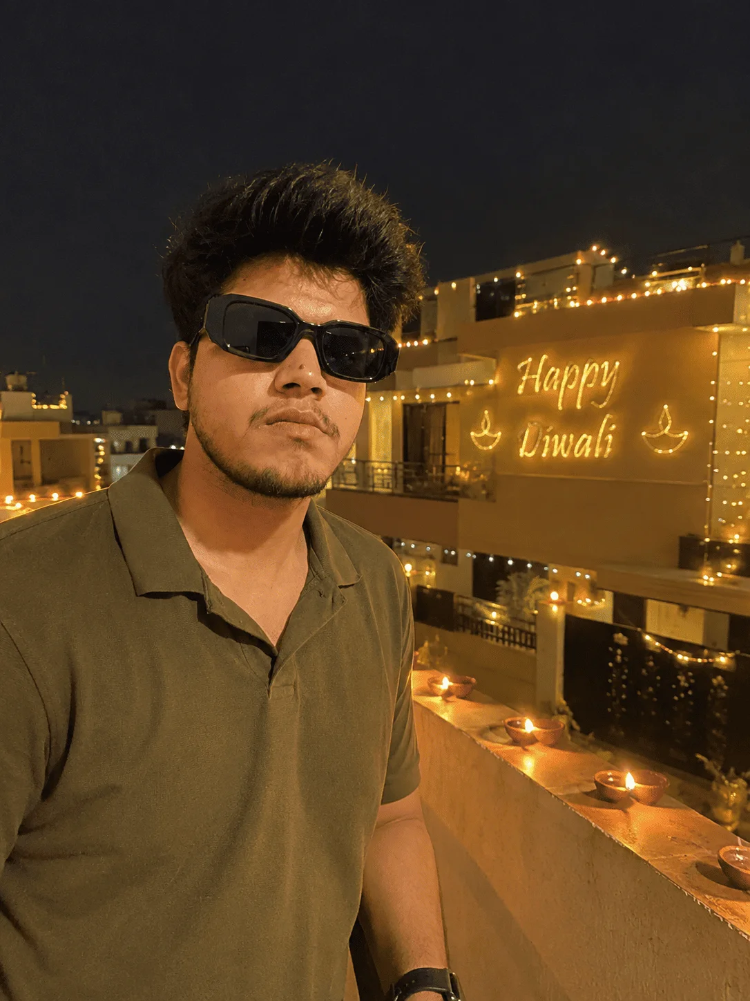 Diwali Rooftop Photo Prompt with Glowing Diyas