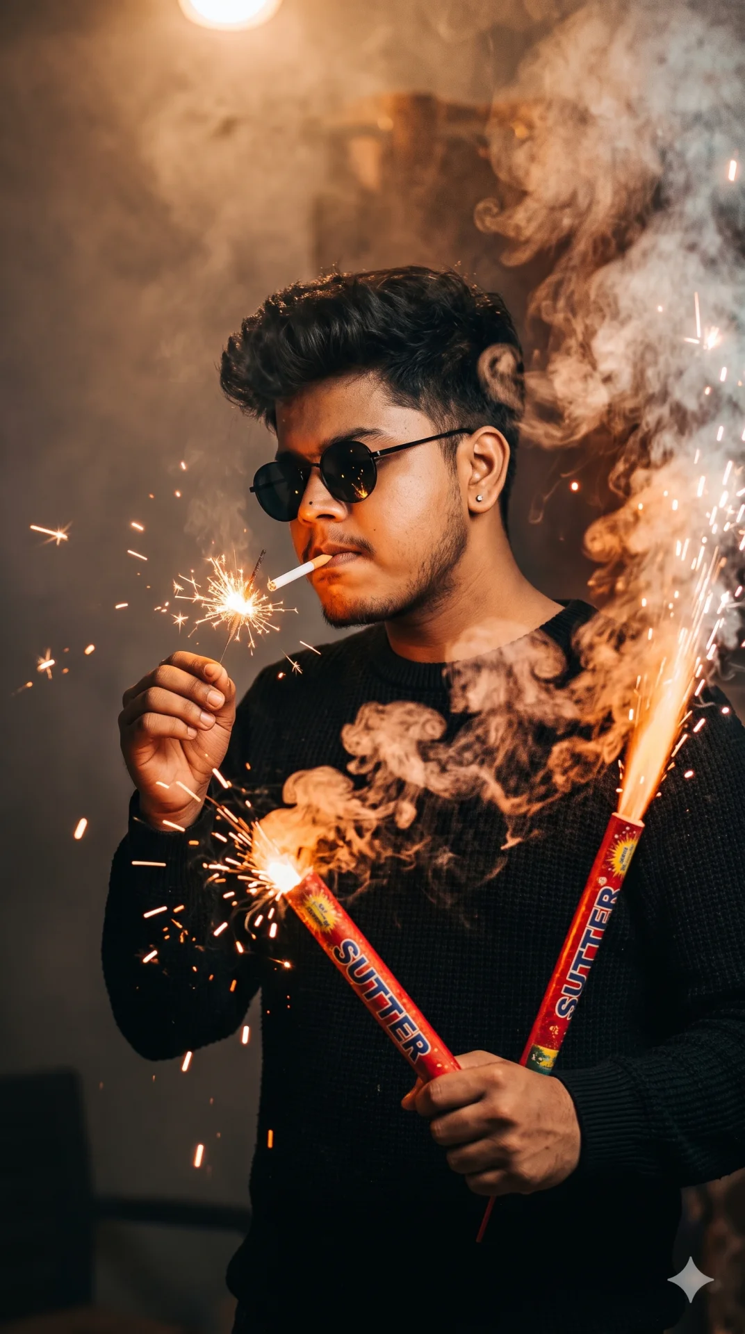 Diwali Image Prompt For Stylish Men - Smoke aur Fireworks