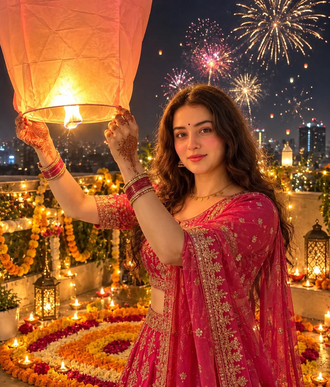 Diwali AI Photo Prompt for Girls 2026 – Sky Lantern Celebration
