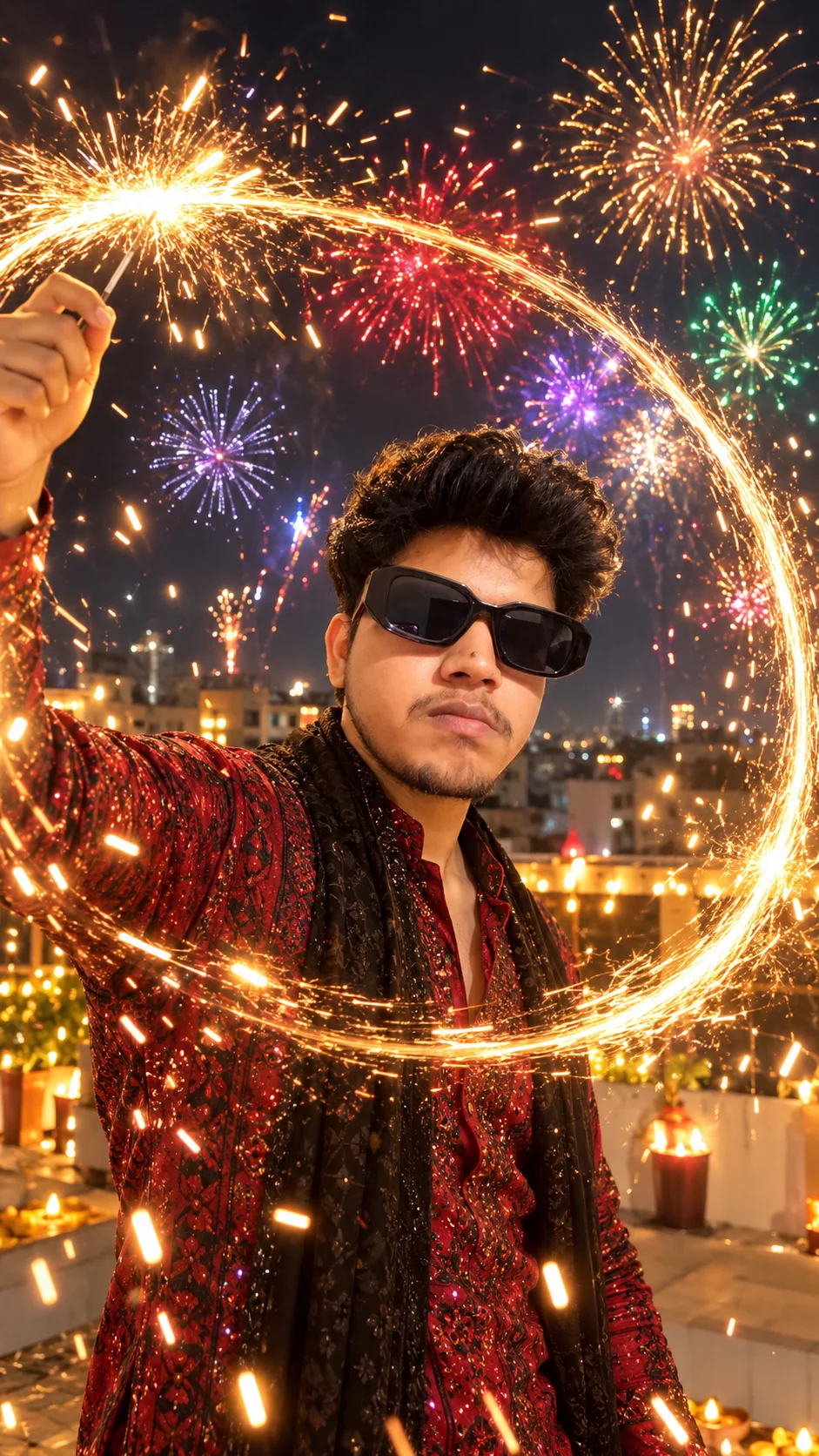 Diwali AI Photo Prompt for Boys 2026 – Firecrackers Golden Sparkler Ring