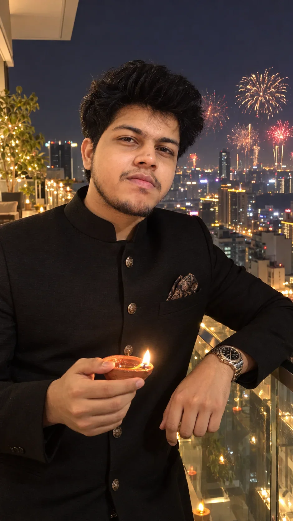 Diwali AI Photo Prompt for Man - Luxury Black Sherwani Portrait with Fireworks