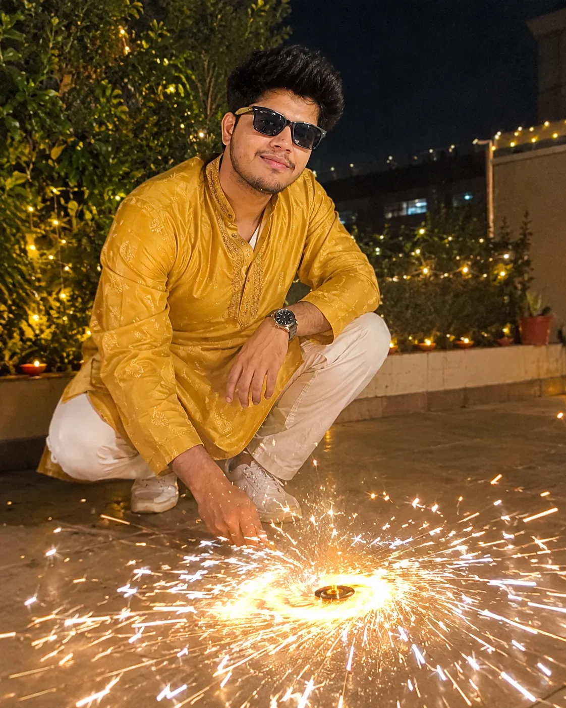 Diwali AI Photo Prompt for man Mustard Yellow Kurta with Golden Chakri Fireworks