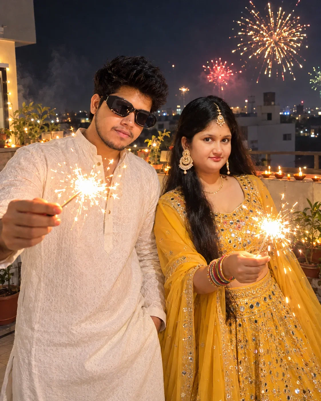 Diwali Couple AI Photo Prompt: White Kurta & Yellow Lehenga with Fireworks