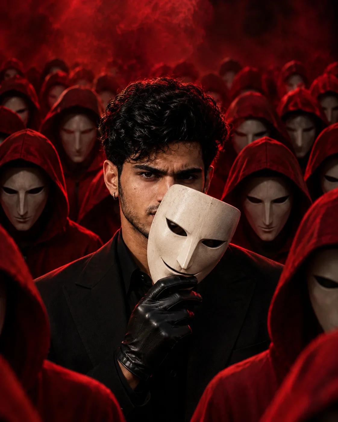 Dark Red Hooded Mask AI Portrait Prompt