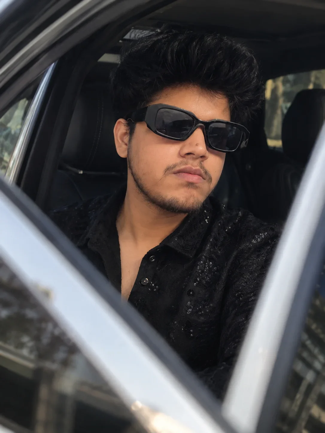 Luxury Car Cinematic AI Photo Prompt: Realistic Black Outfit Portrait of a Boy