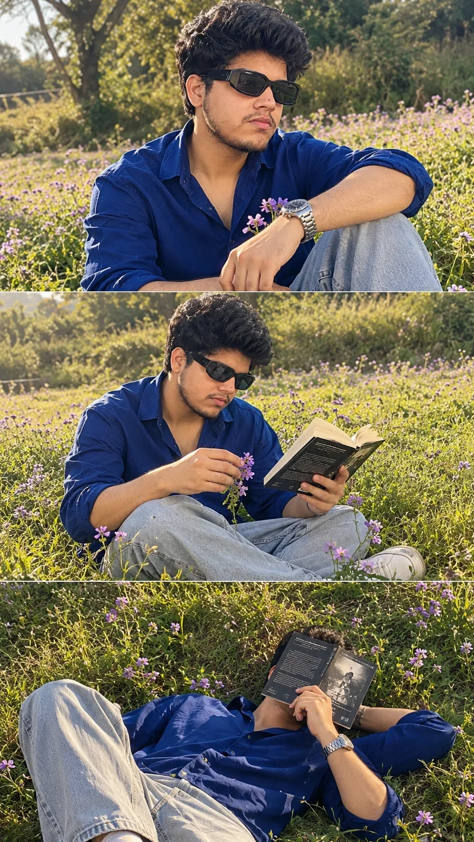 Meadow Aesthetic AI Photo Prompt: Cinematic 3-Panel Portrait for Men