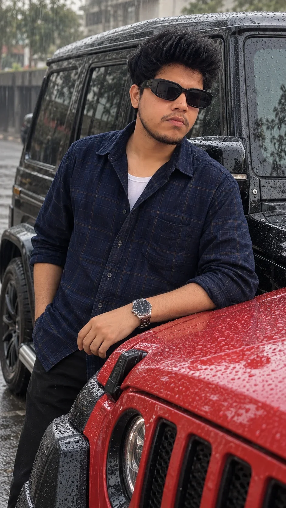 Rainy Day Luxury SUV AI Photo Prompt: Cinematic Street Portrait of Men