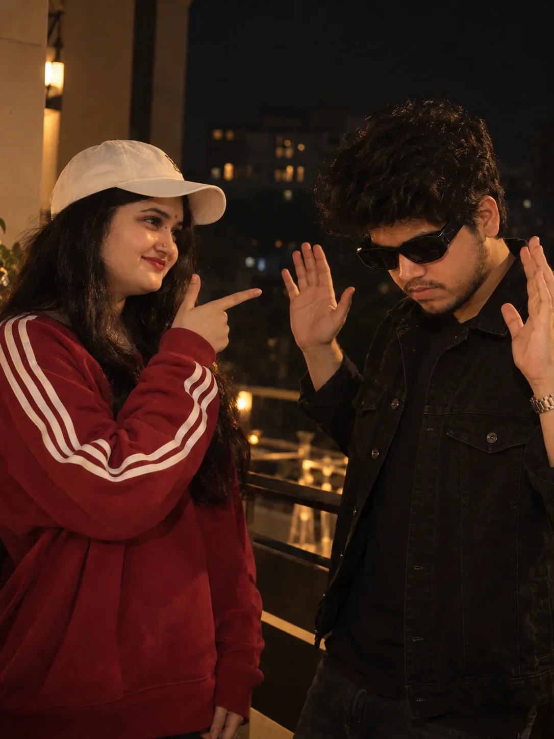 Cinematic Couple AI Photo Prompt: Nighttime Balcony Portrait