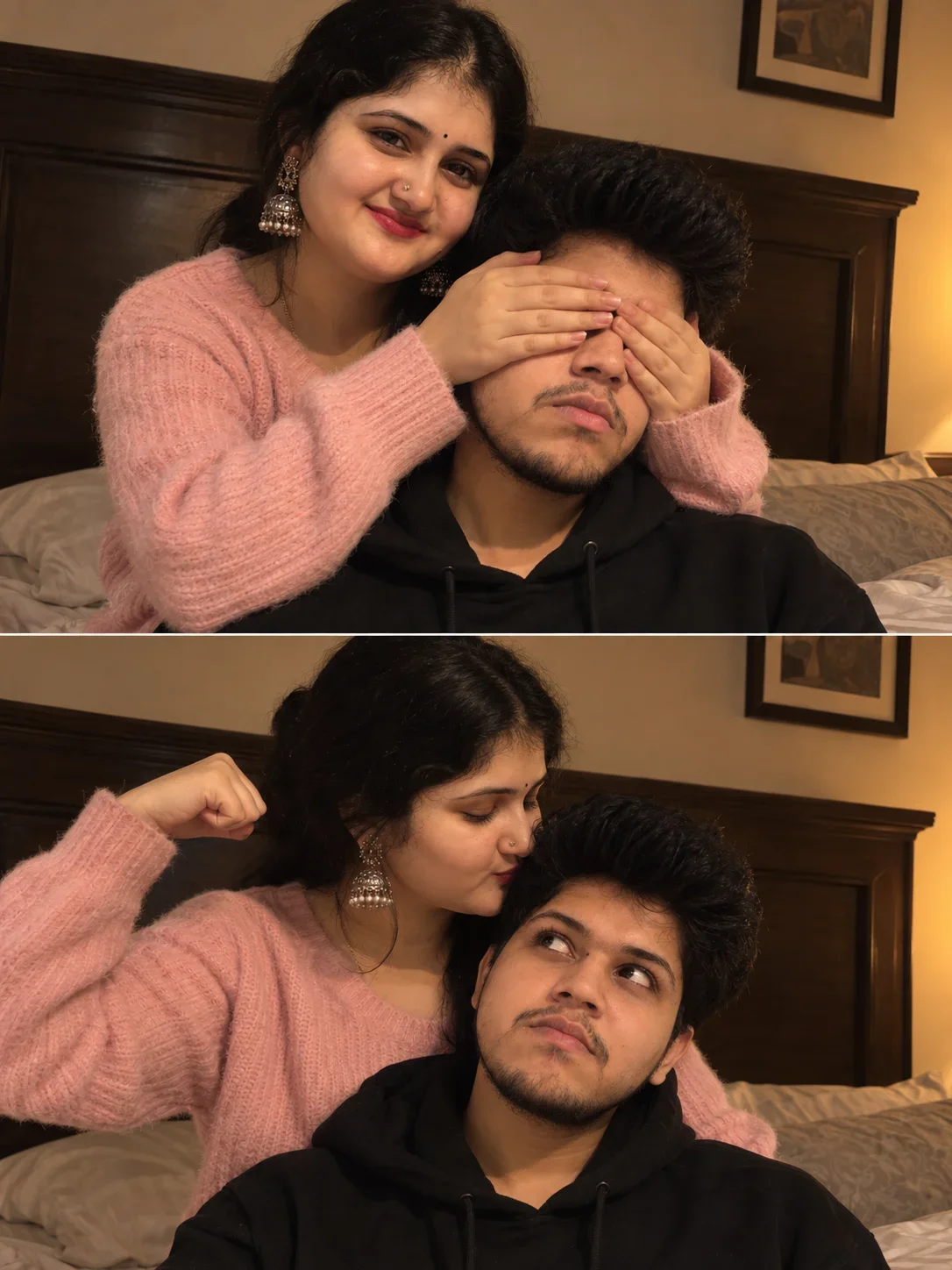 Cute Couple AI Photo Prompt: Romantic Two-Panel Bedroom Portrait