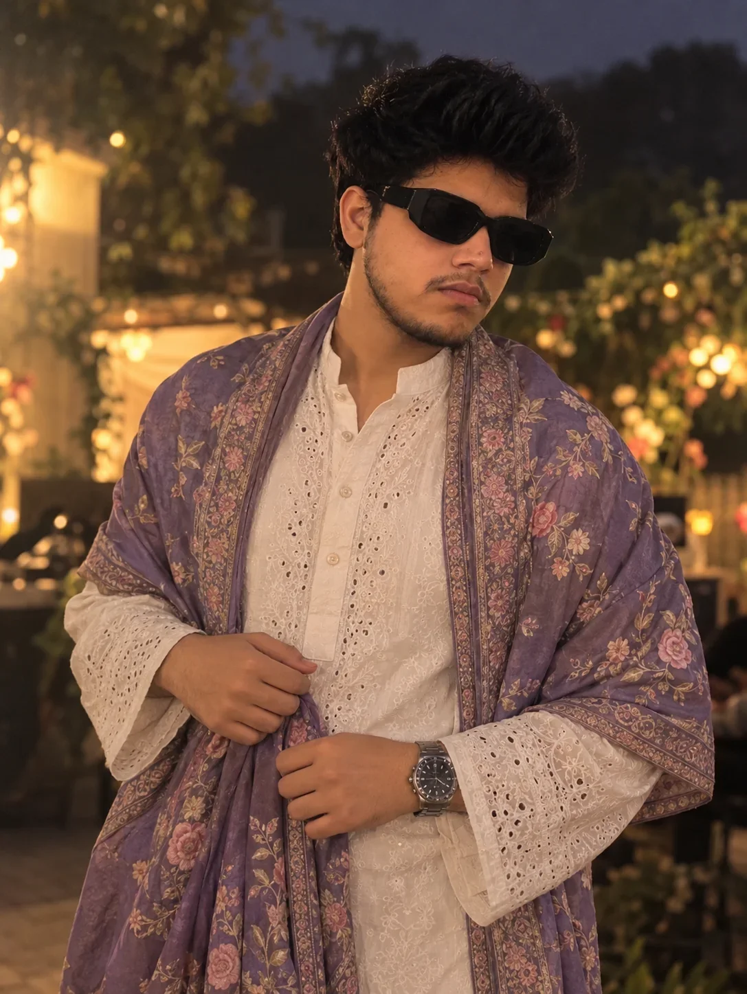 Royal Ethnic Look | White Kurta & Lavender Shawl ✨ photo prompt for men