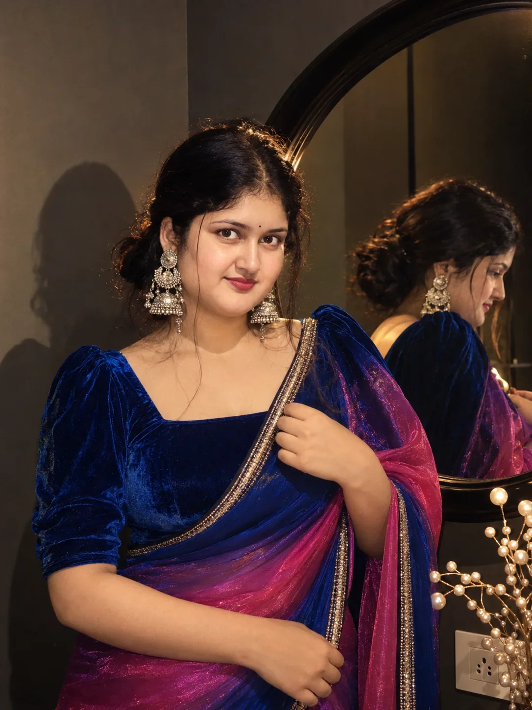 Royal Blue Saree Portrait image promots for Girls | Cinematic Mirror Selfie ✨