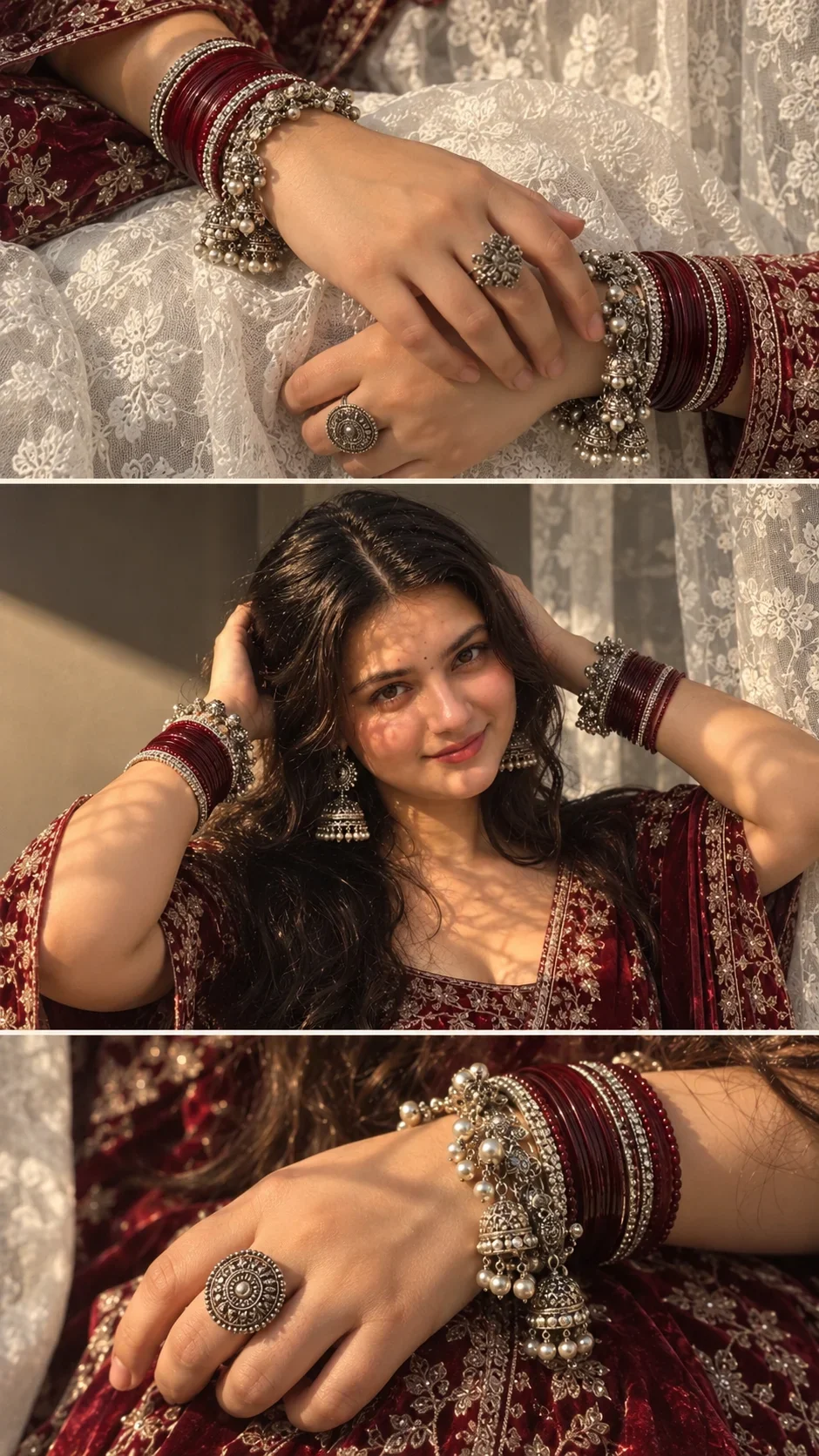 Prompt of Maroon Saree Look of girl image | Bangles & Jhumka Jewelry Aesthetic ✨