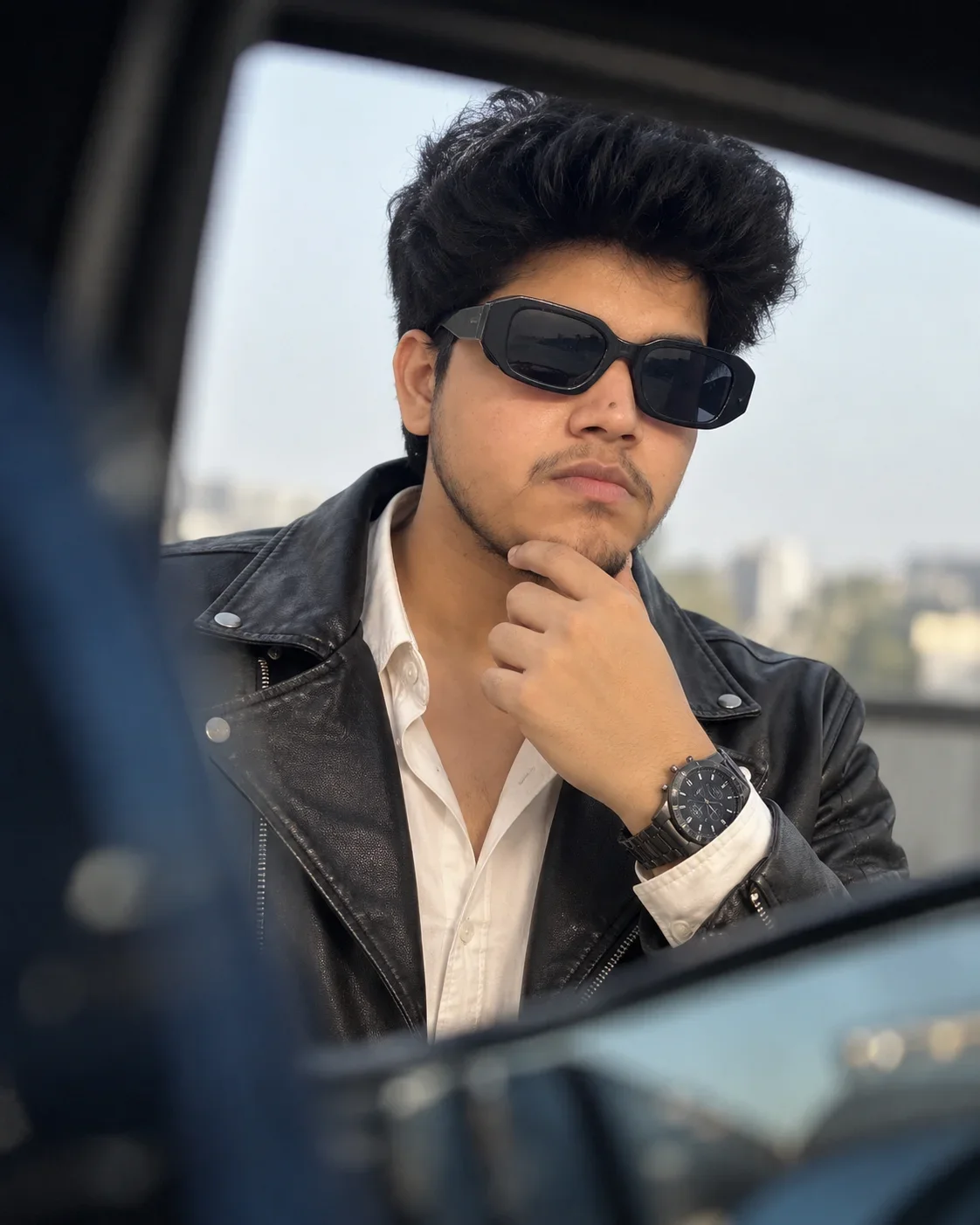 Cinematic Black Leather Look image prompt | Stylish Men’s Portrait