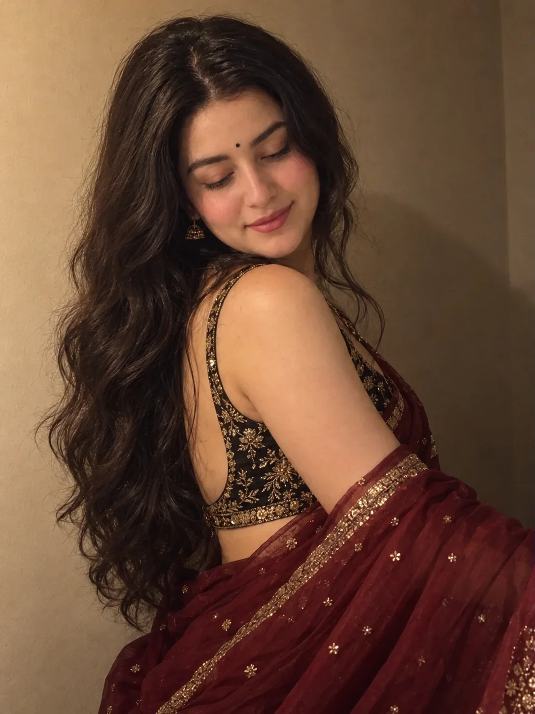 Moody Maroon Saree Girl Image Prompt