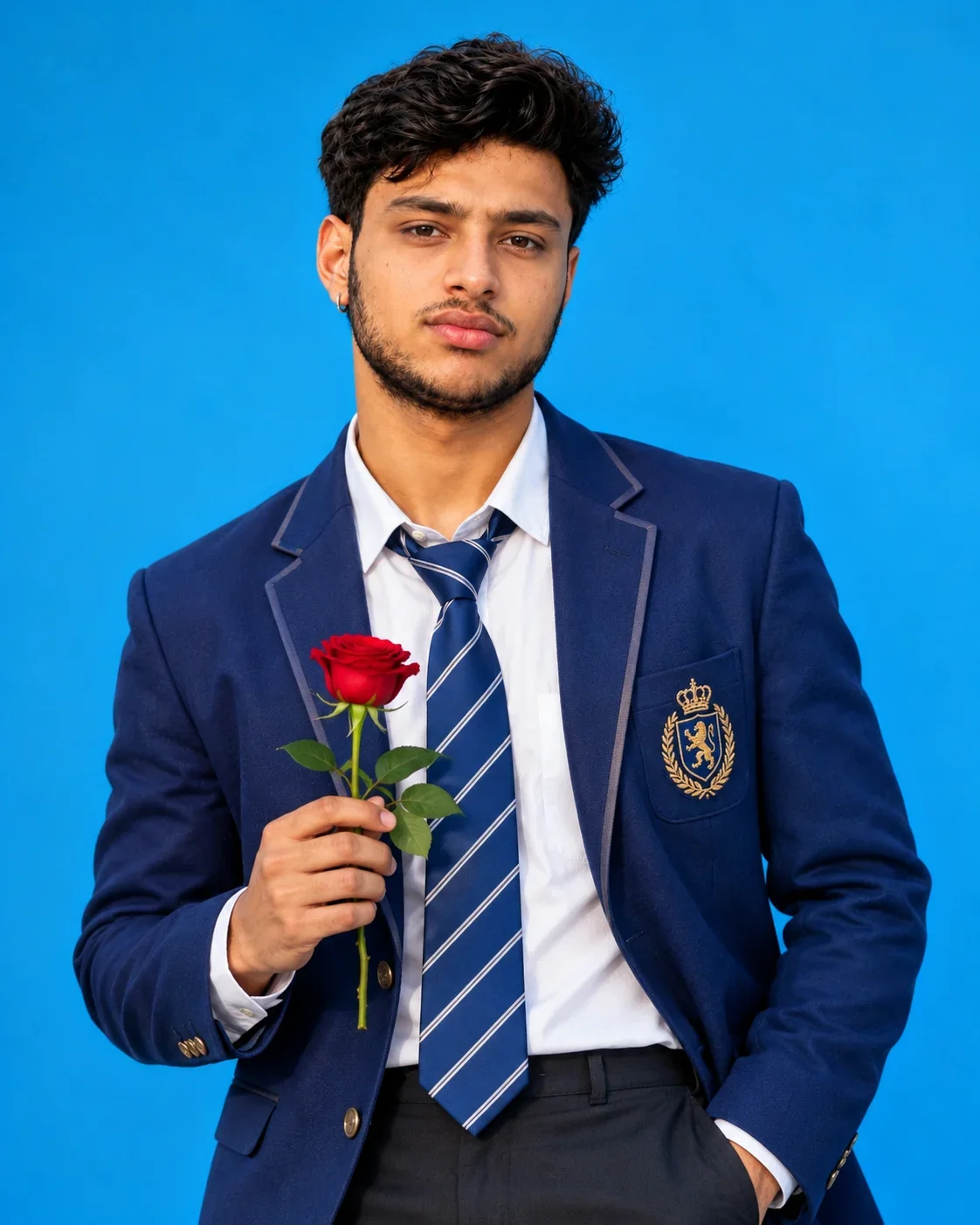 Royal Blue Blazer Boy Prompt – Rose Portrait AI Photo