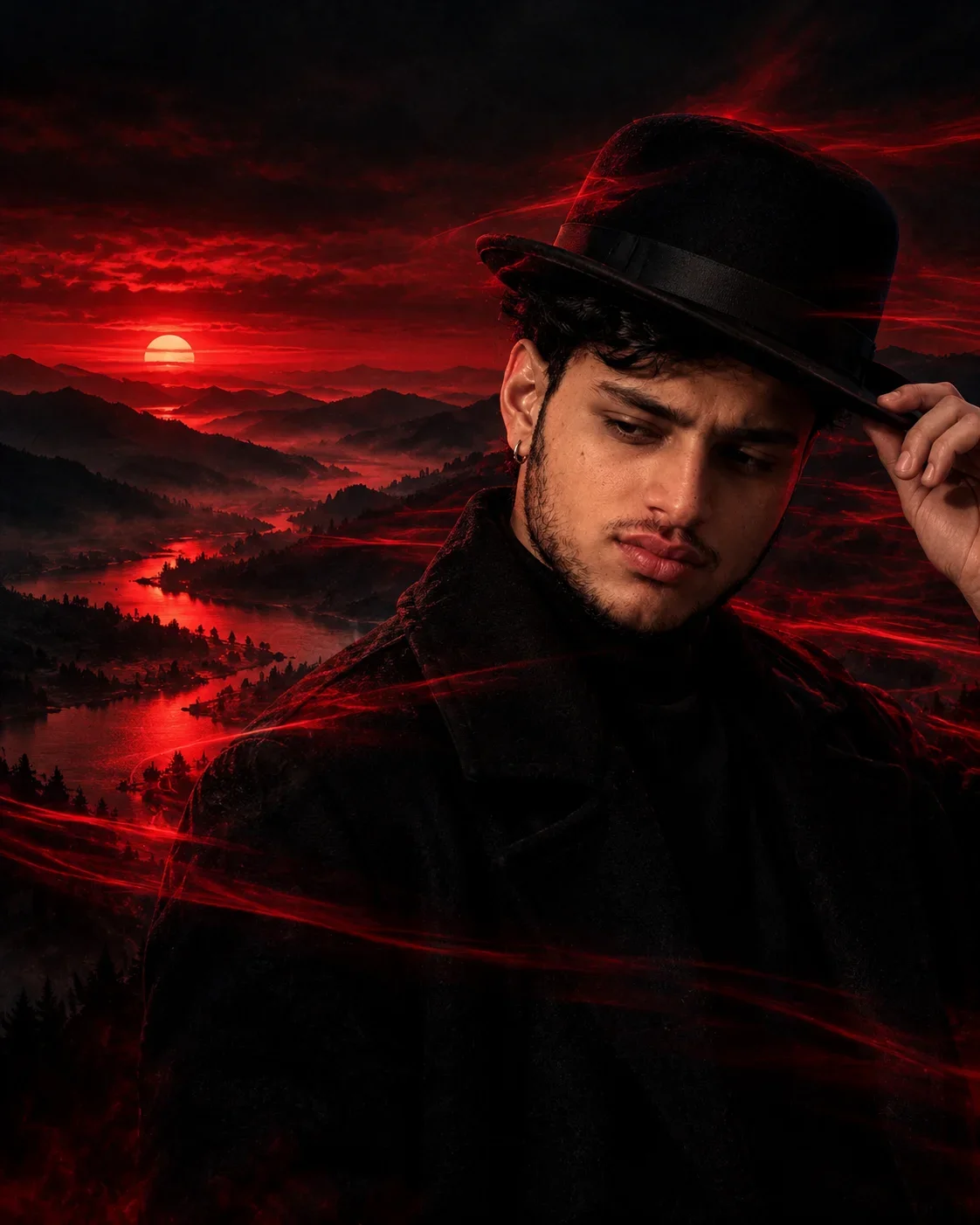 Dark Red Aesthetic Boy Prompt – Cinematic Black Hat Portrait