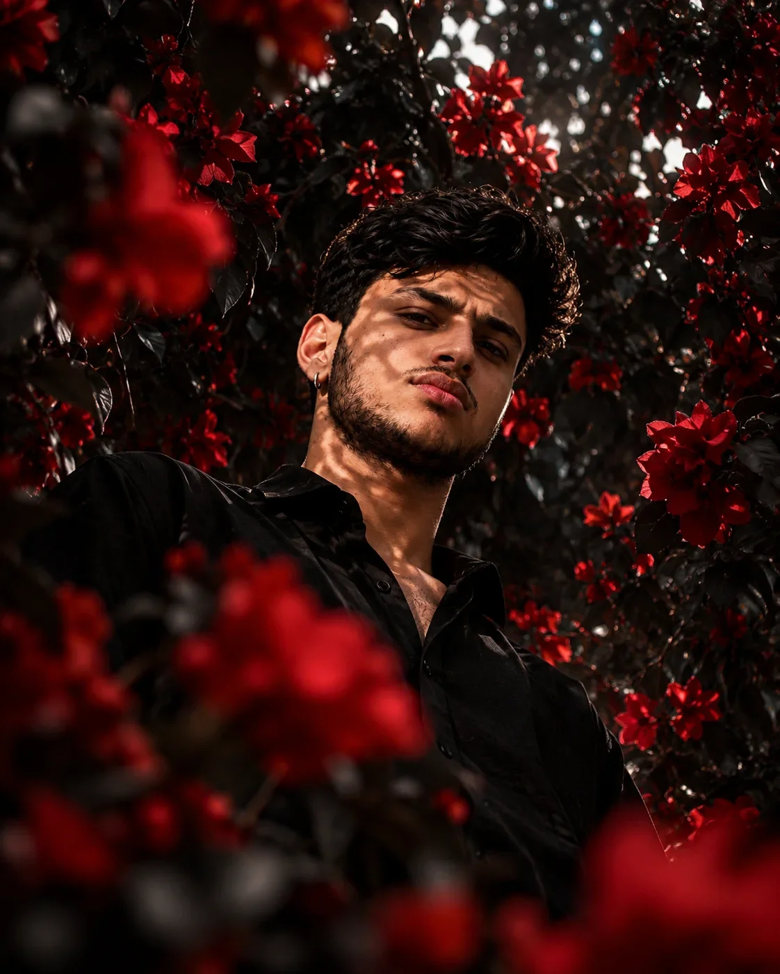 Dark Red Flower Boy Prompt – Cinematic Low-Angle Portrait