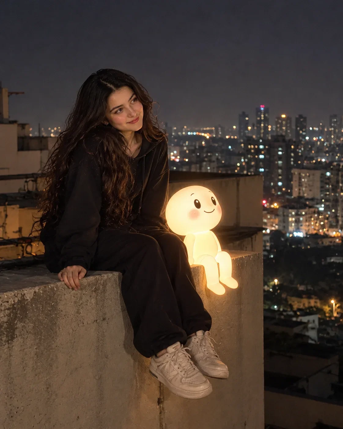 Girl Image Prompt: Rooftop Glow Doodle Friend with Dreamy City Lights