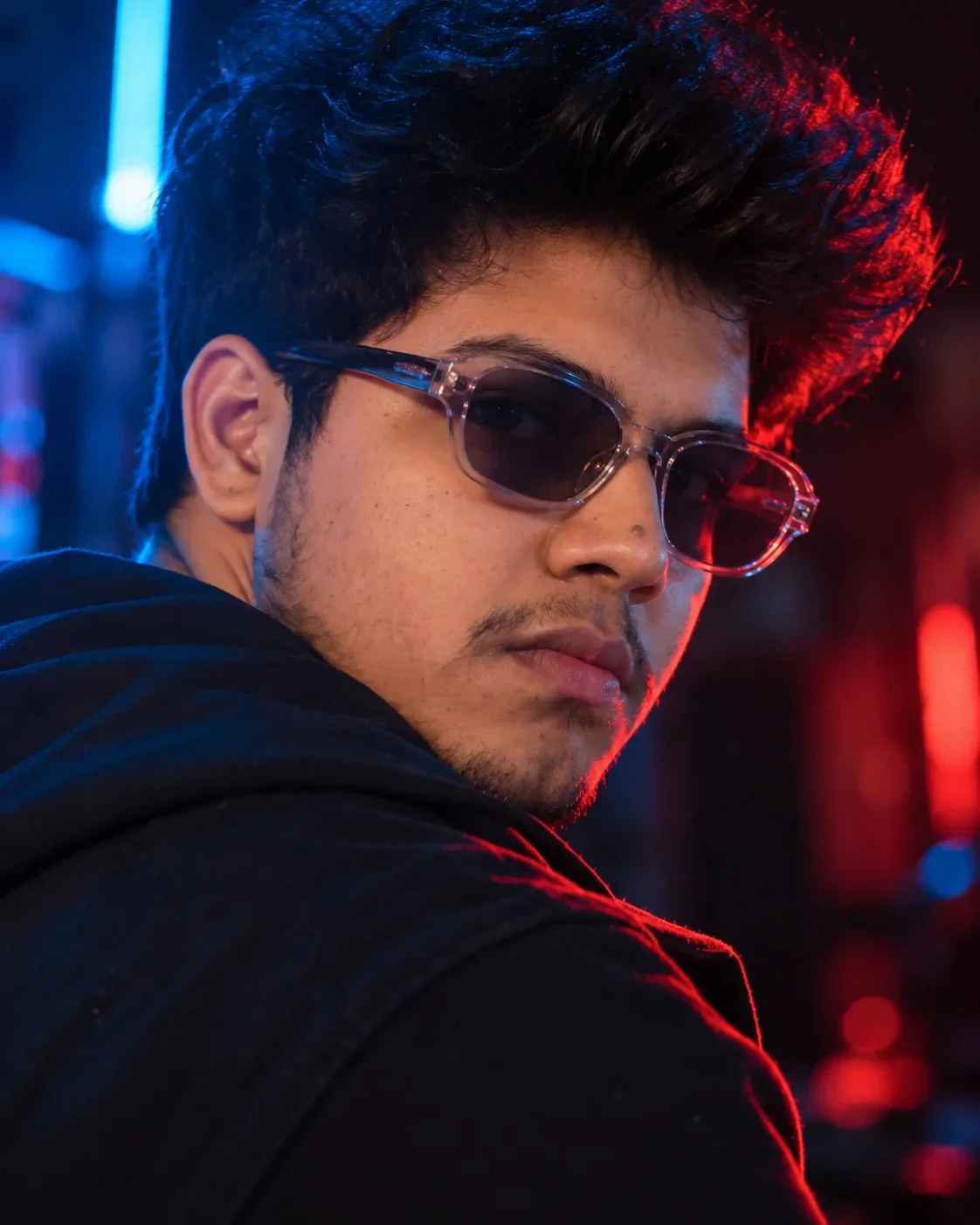 Boy Image Prompt: Cinematic Blue and Red Neon Portrait with Sunglasses