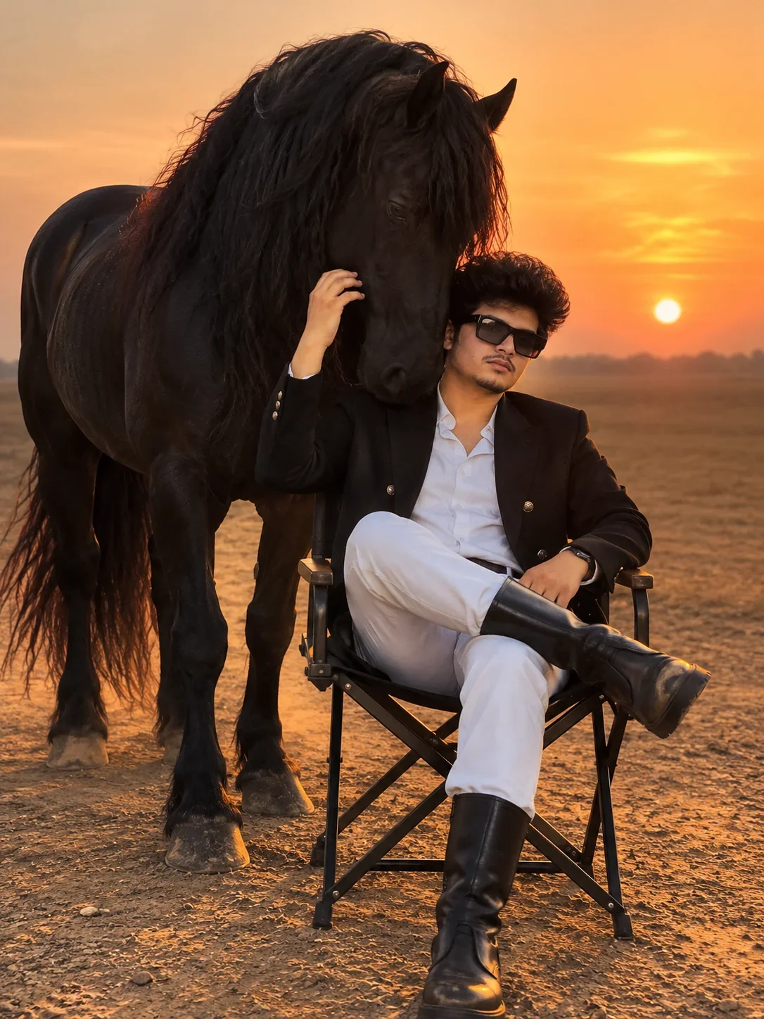 Boy Image Prompt: Ultra-Realistic Black Horse Portrait at Golden Hour
