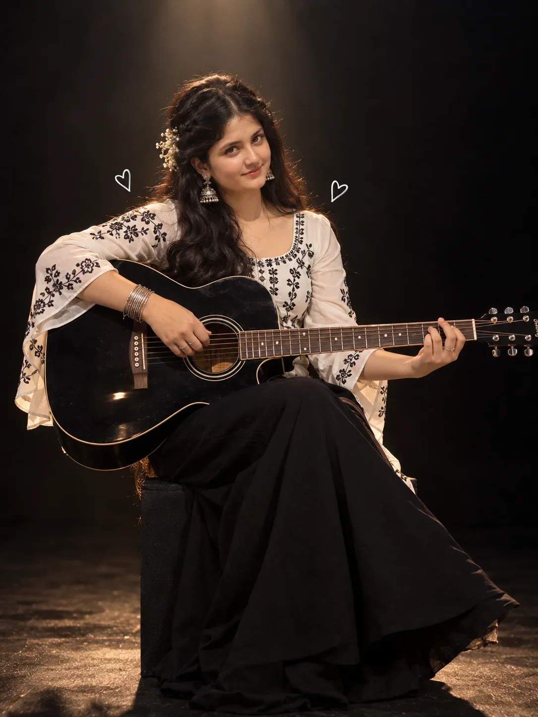 Girl Image Prompt: Aesthetic Guitar Portrait in Black Studio