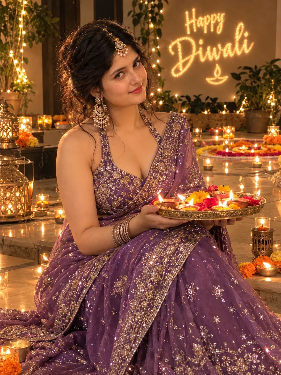 Diwali Girl Image Prompt: Royal Purple Saree with Diyas & Festive Lights