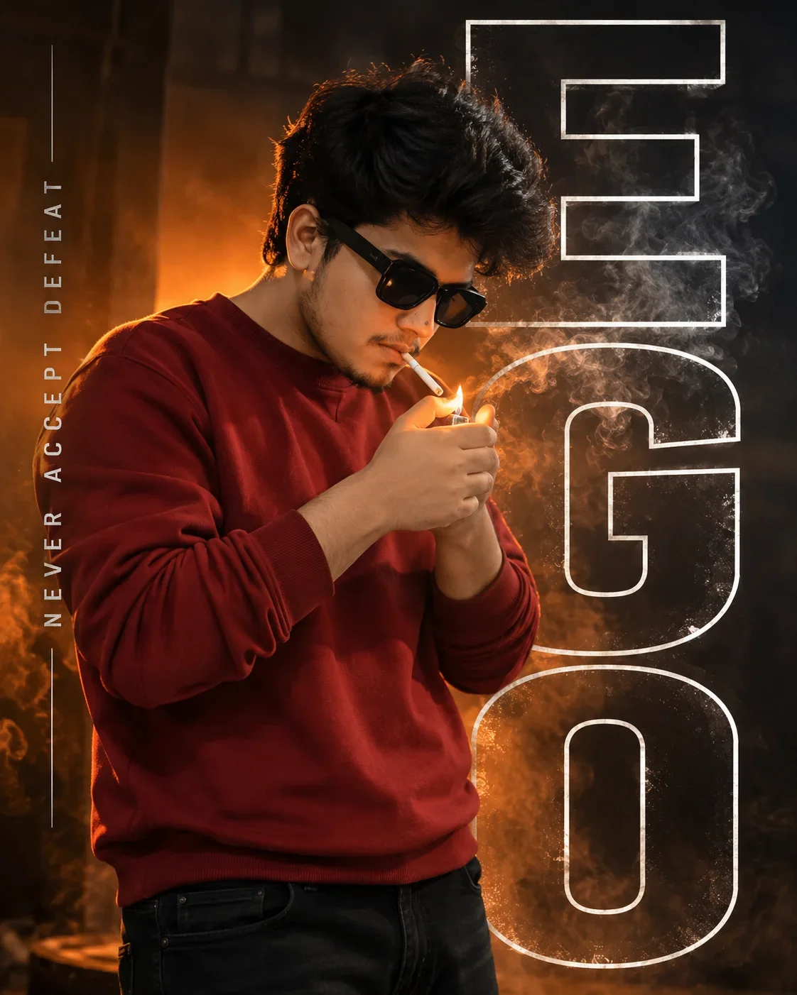 Boy Image Prompt: Cinematic EGO Poster with Red Sweatshirt & Dramatic Lighting