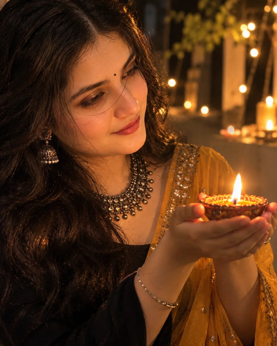 Diwali Girl Image Prompt: Golden Saree, Glowing Diya & Cinematic Lighting