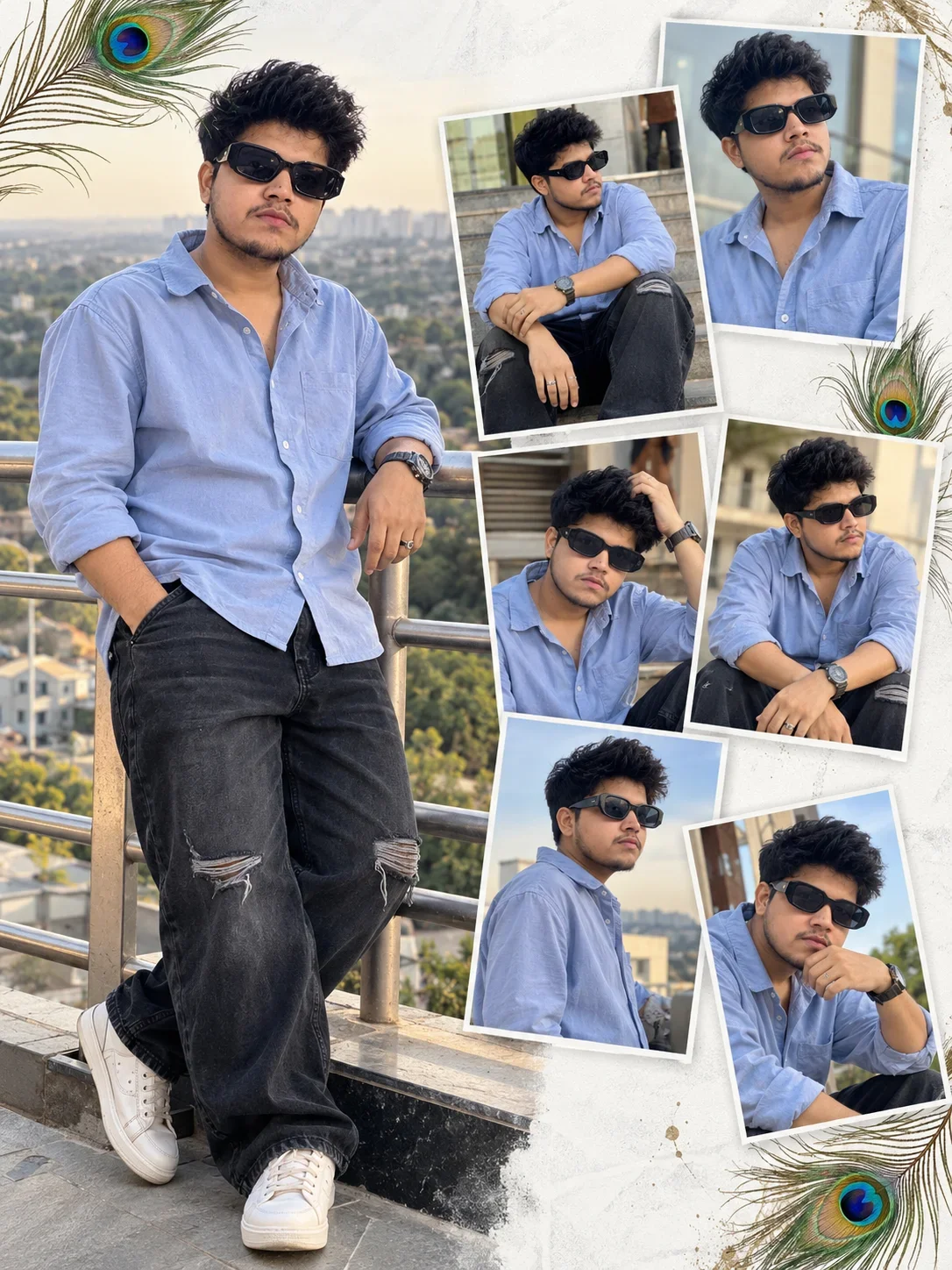 Boy Image Prompt: Stylish Blue Shirt Photo Collage with Peacock Feather