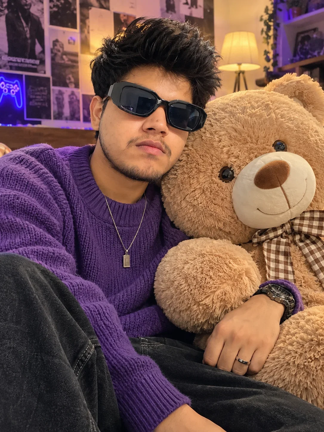 Boy Image Prompt: Cozy Teddy Bear Portrait in Purple Sweater | AI Photo