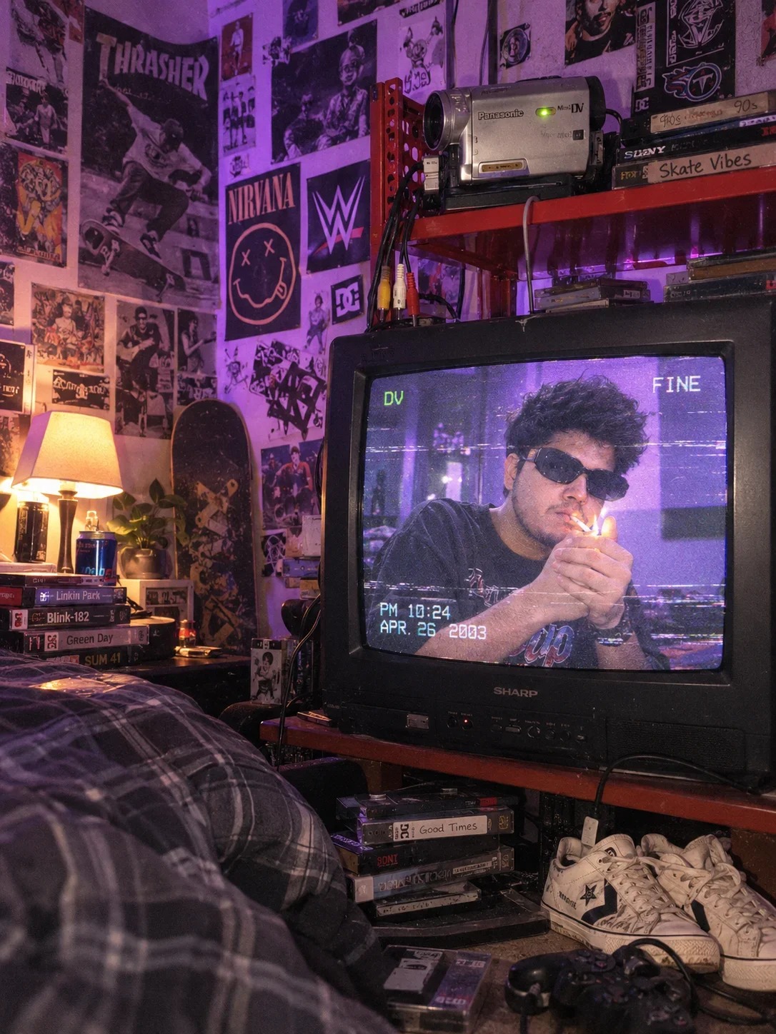 Boy Image Prompt: 90s Retro Purple Bedroom with VHS Camcorder Aesthetic