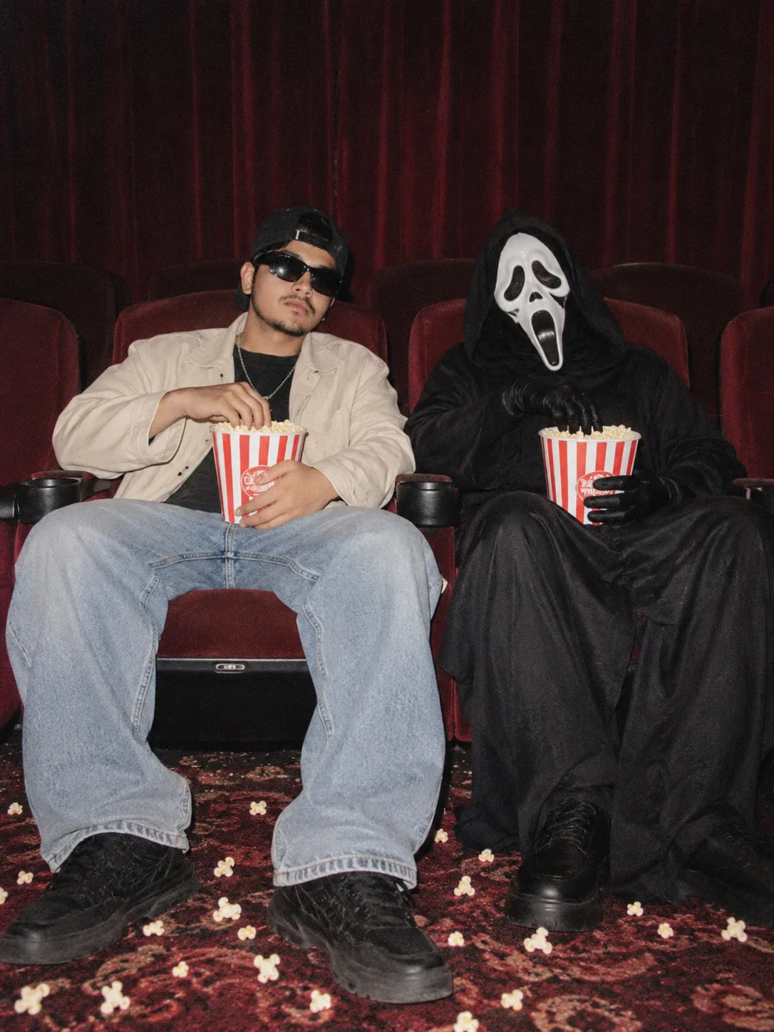 Boy Image Prompt: Ghostface Movie Theater Popcorn Scene | Retro 90s Aesthetic