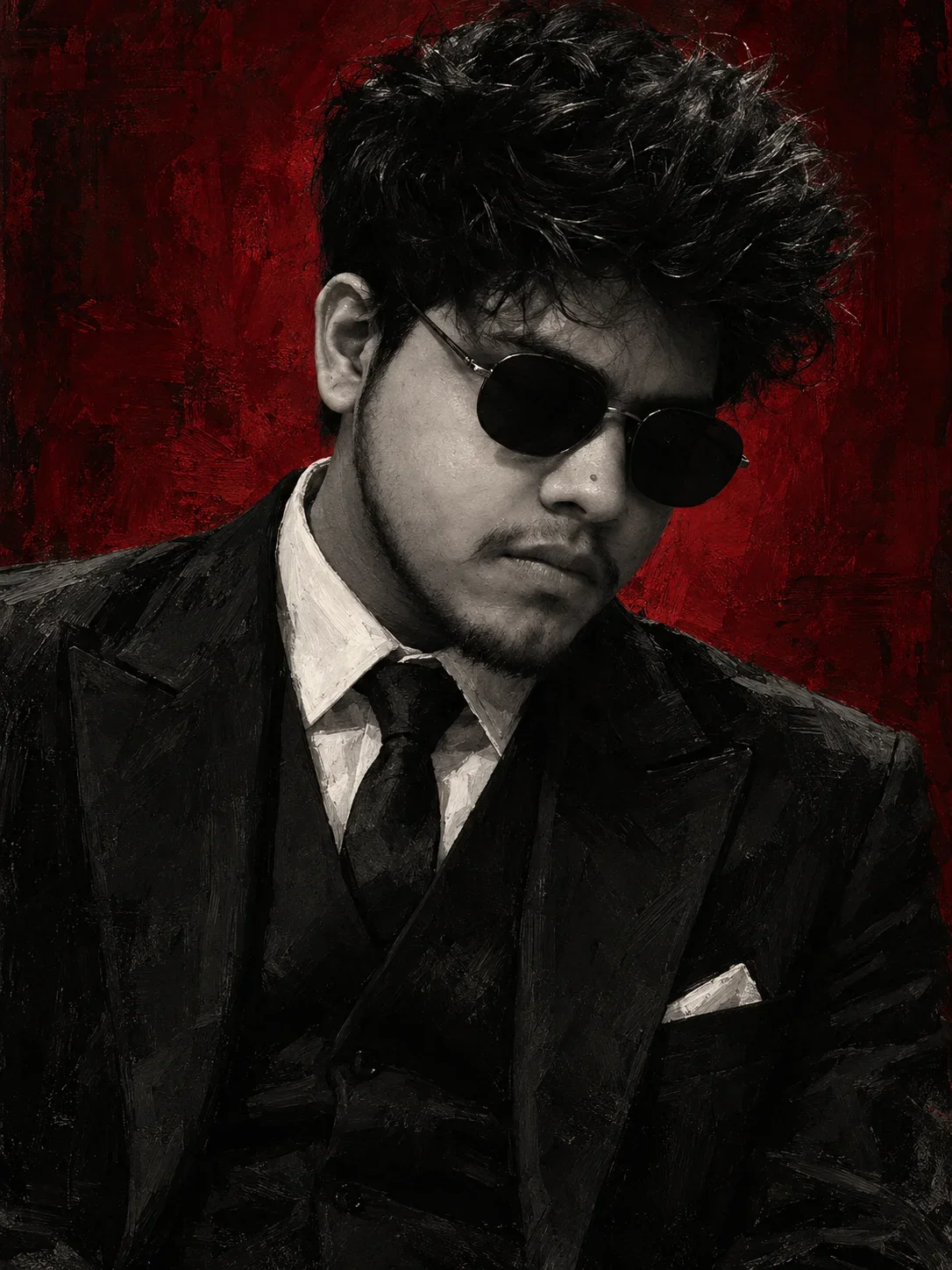 Boy Image Prompt: Dark Noir Portrait in a Black Suit | Crimson Red Background
