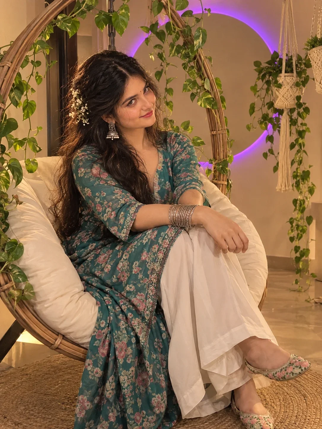 Girl Image Prompt: Teal Floral Kurta in a Cozy Boho Swing Chair