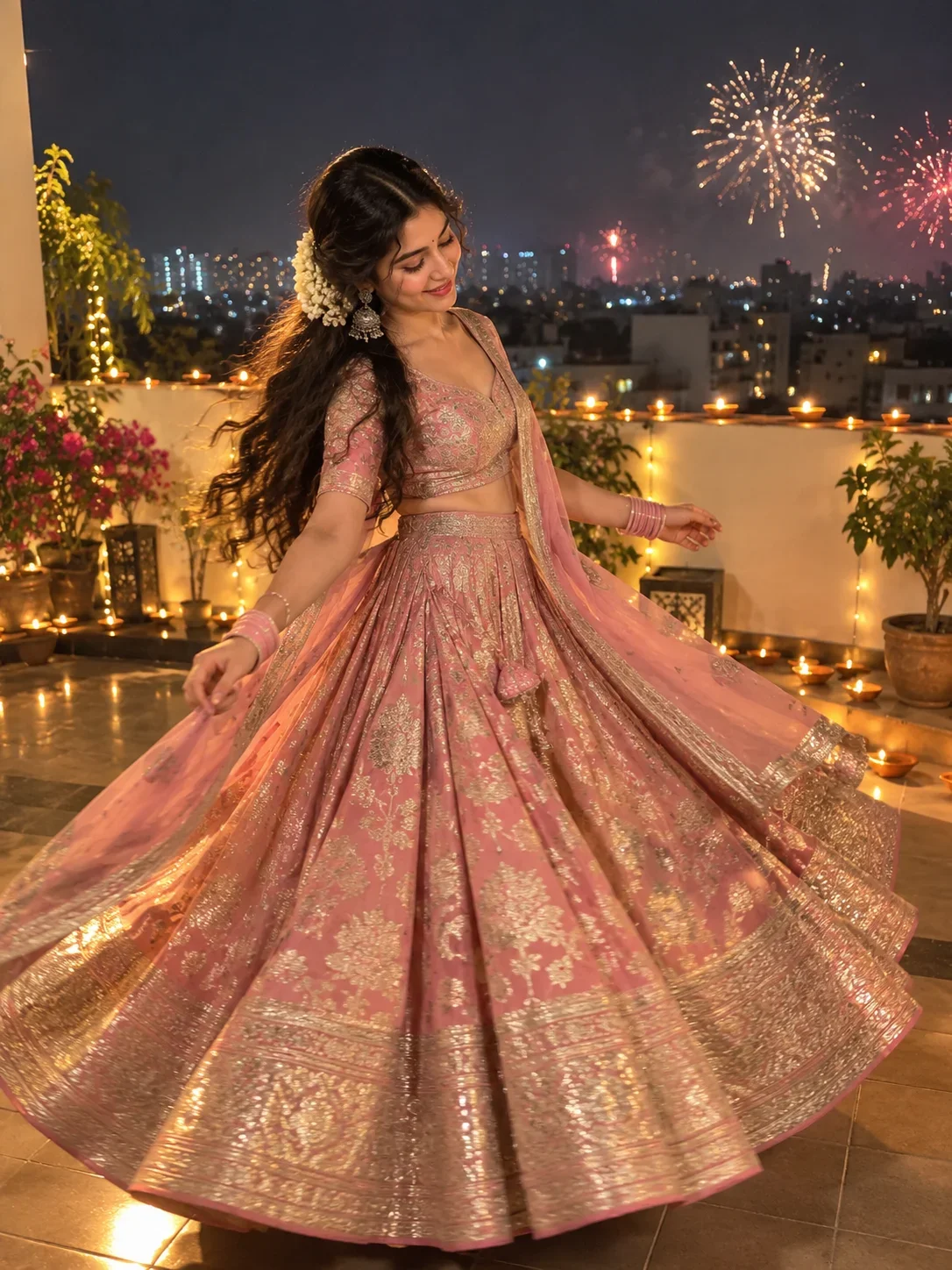 Girl Image Prompt: Pink Banarasi Lehenga Twirl with Diwali Fireworks
