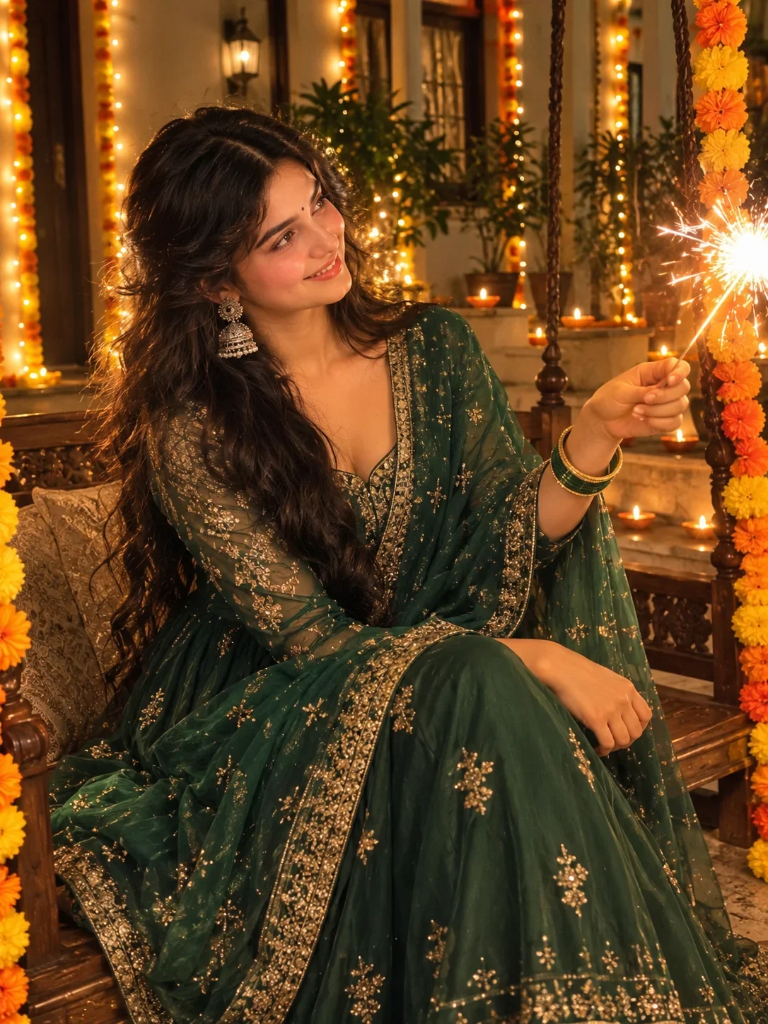 Girl Image Prompt: Emerald Green Anarkali Diwali Portrait with Sparkler