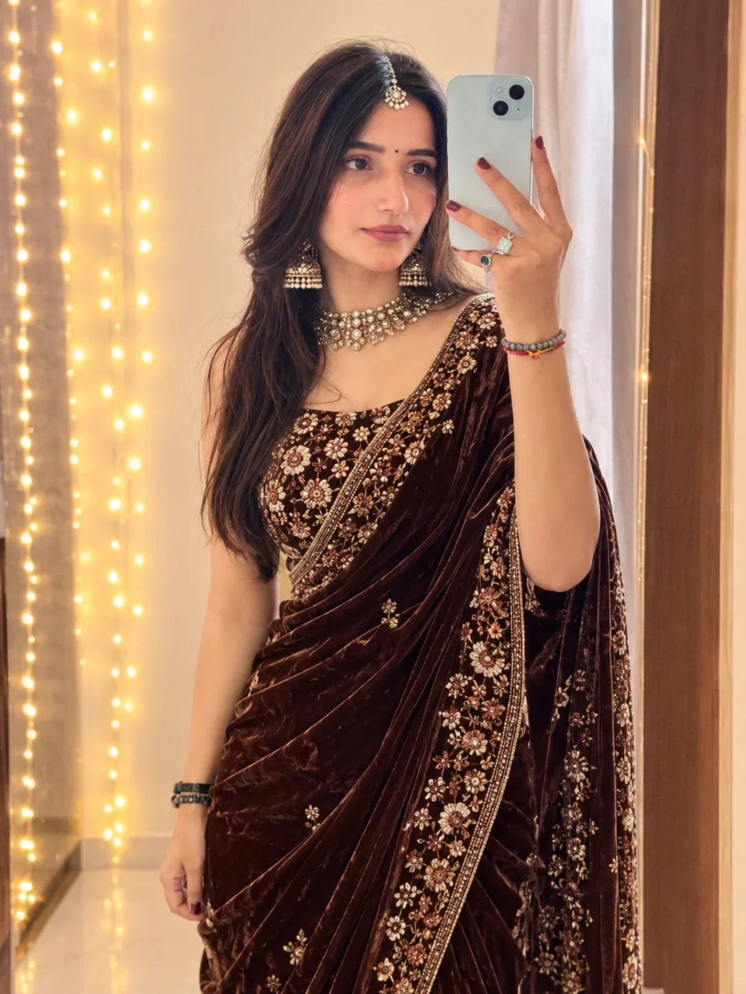 Traditional Brown Velvet Saree Look | Royal Diwali Ethnic Image Prompt